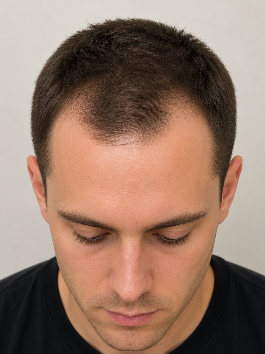 Front hairline lined up under the dashed camera guide