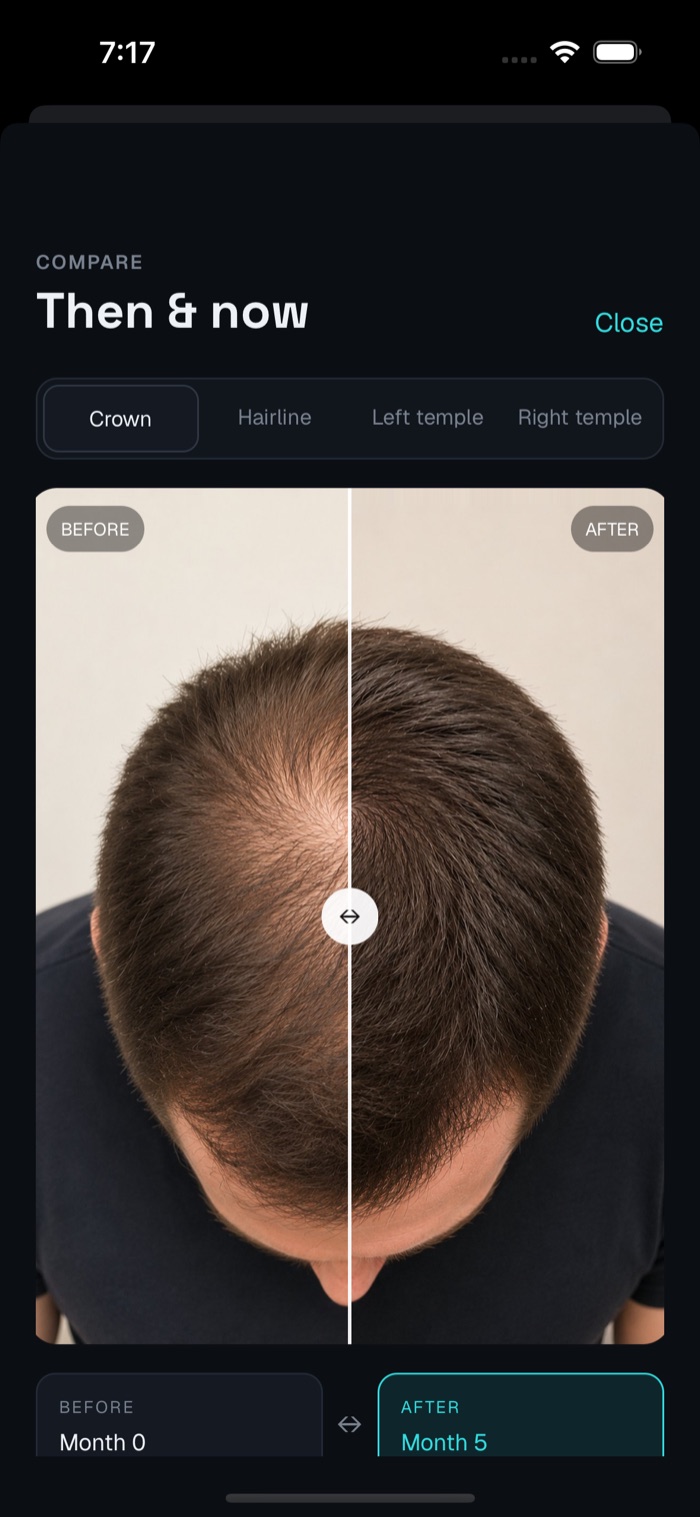 HairAgain before and after slider comparing month zero and month five