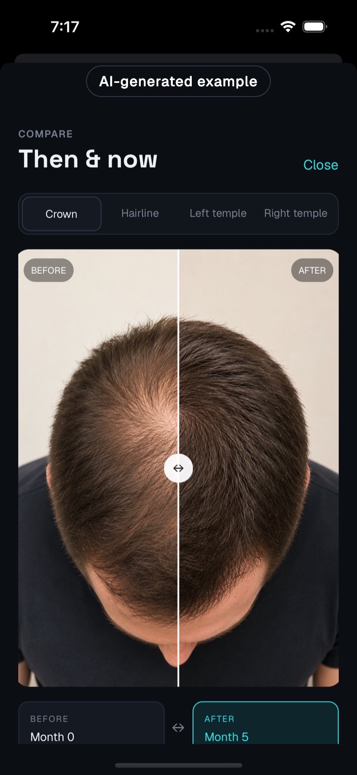 AI-generated example: HairAgain before and after slider comparing month zero and month five