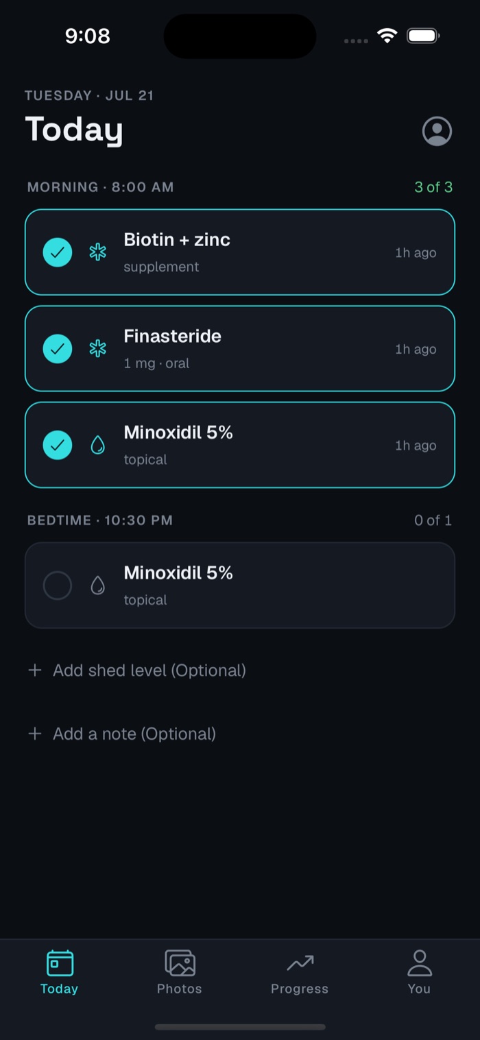 HairAgain Today screen: the day's regimen with each treatment checked off in one tap